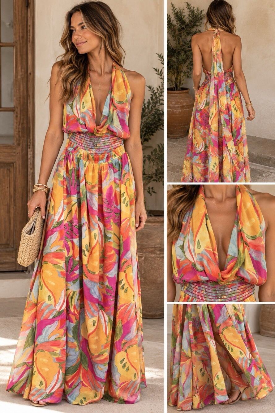 Lulus Tropical Halter Tie Neck cutout Maxi Dress Size Small